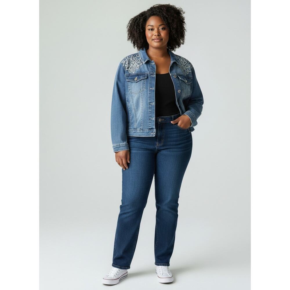 NWT Copper Flash Denim Embellished Jean Jacket 3X Cadence Wash Plus Size CMJ073